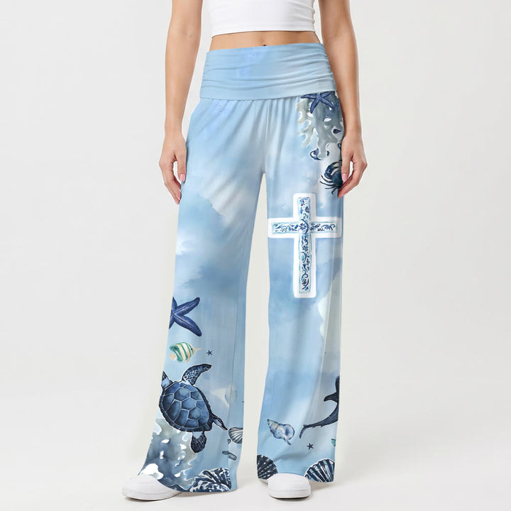 Christianartworkshop Ocean Marine Life Blue And White Pattern Cross All Over Print High Waist Wide Leg Pants - US22,UK/AU26,EU54 - image 0