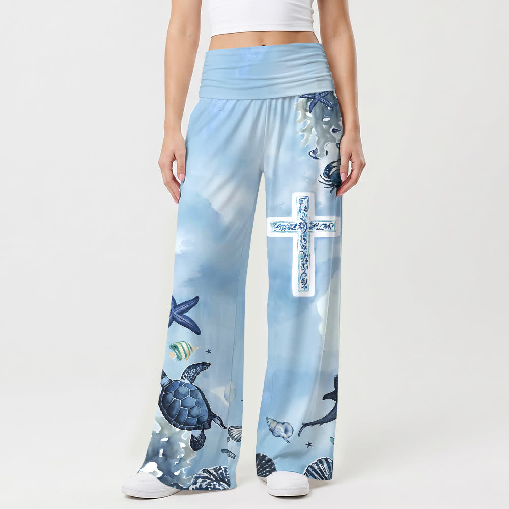 Christianartworkshop Ocean Marine Life Blue And White Pattern Cross All Over Print High Waist Wide Leg Pants - US22,UK/AU26,EU54(6XL) - image 0
