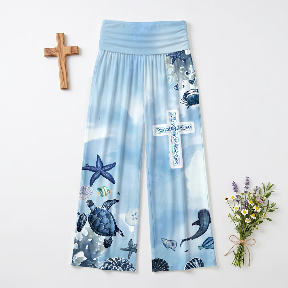 Christianartworkshop Ocean Marine Life Blue And White Pattern Cross All Over Print High Waist Wide Leg Pants - image 2