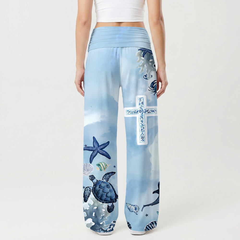 Christianartworkshop Ocean Marine Life Blue And White Pattern Cross All Over Print High Waist Wide Leg Pants - image 1