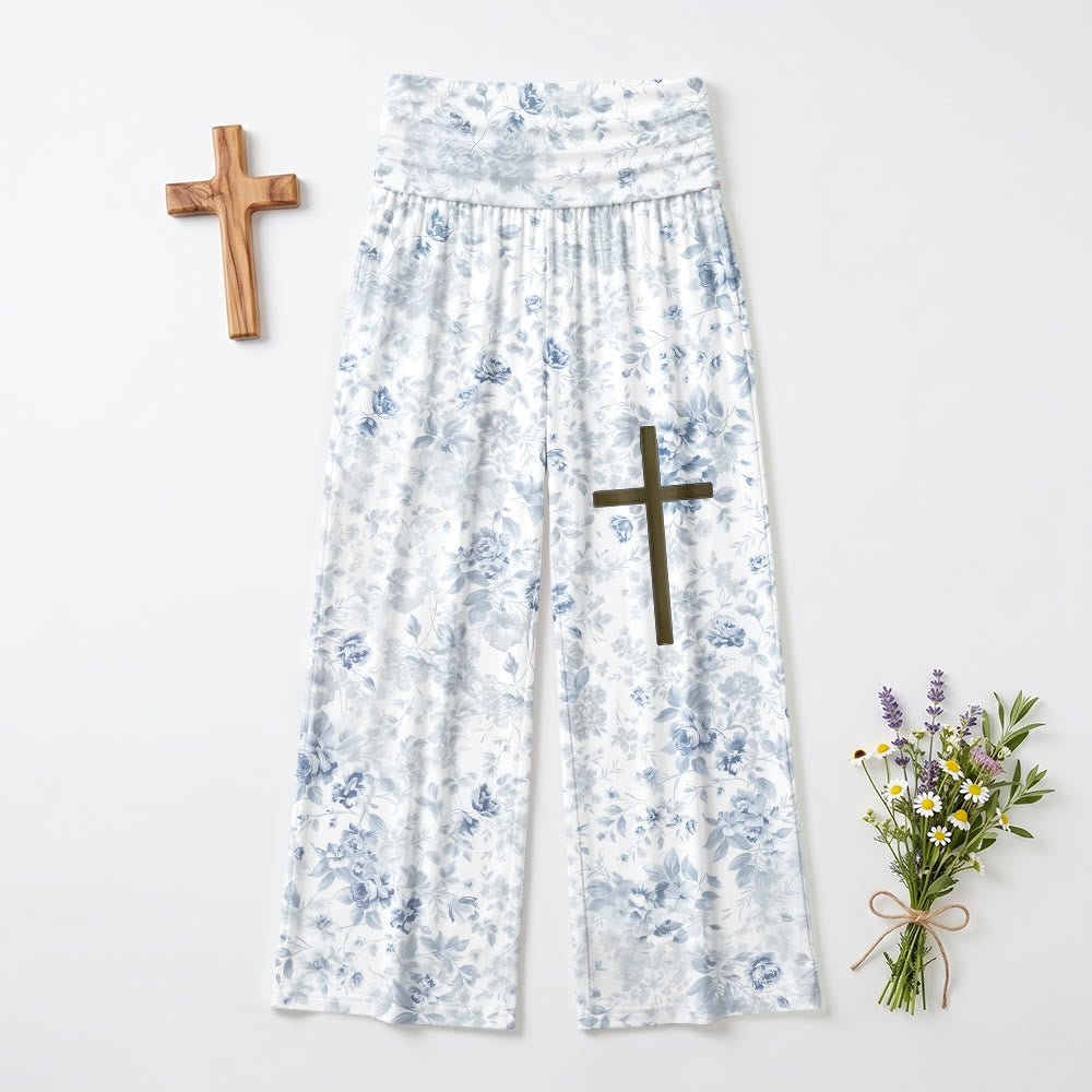 Christianartworkshop Delicate Bloom Leaf Full Print Plain Cross Front Thigh Accent Fold Waist Women Wide Leg Pants - image 2