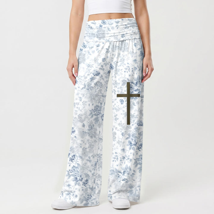 Christianartworkshop Delicate Bloom Leaf Full Print Plain Cross Front Thigh Accent Fold Waist Women Wide Leg Pants - US22,UK/AU26,EU54 - image 0