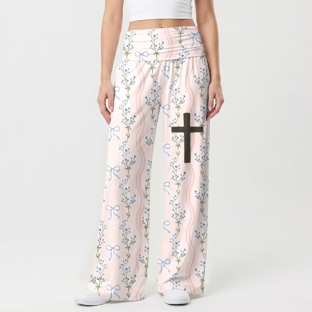 Christianartworkshop Vertical Floral Bow Stripes All Over Print Wooden Cross Thigh Graphic Fold Over High Waist Wide Leg Pants - US22,UK/AU26,EU54 - image 0