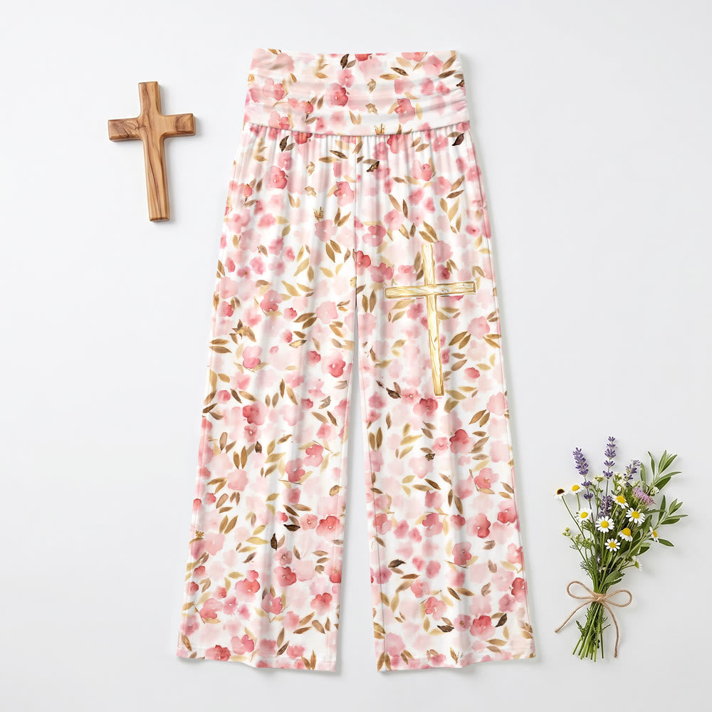 Christianartworkshop Watercolor Blush Bloom Leaf Print Golden Line Cross Thigh Graphic High Waist Wide Leg Pants - image 2