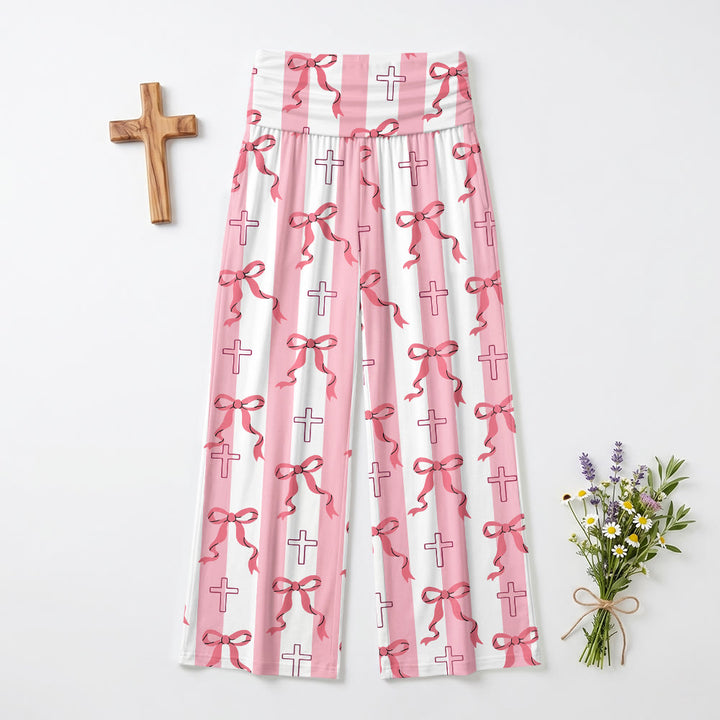 Christianartworkshop Vertical Stripe Bow Outline Cross Print Fold Over High Waist Wide Leg Pants - image 2