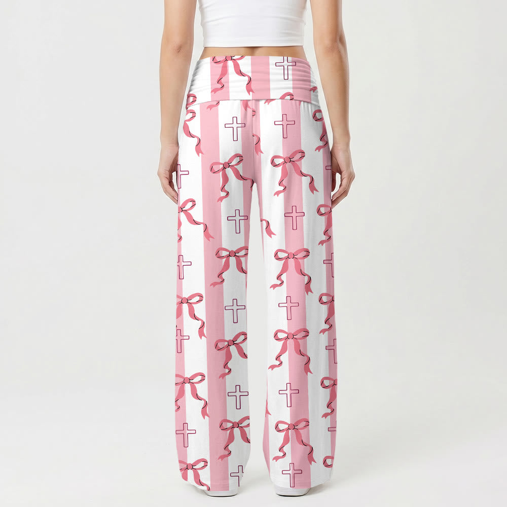 Christianartworkshop Vertical Stripe Bow Outline Cross Print Fold Over High Waist Wide Leg Pants - image 1