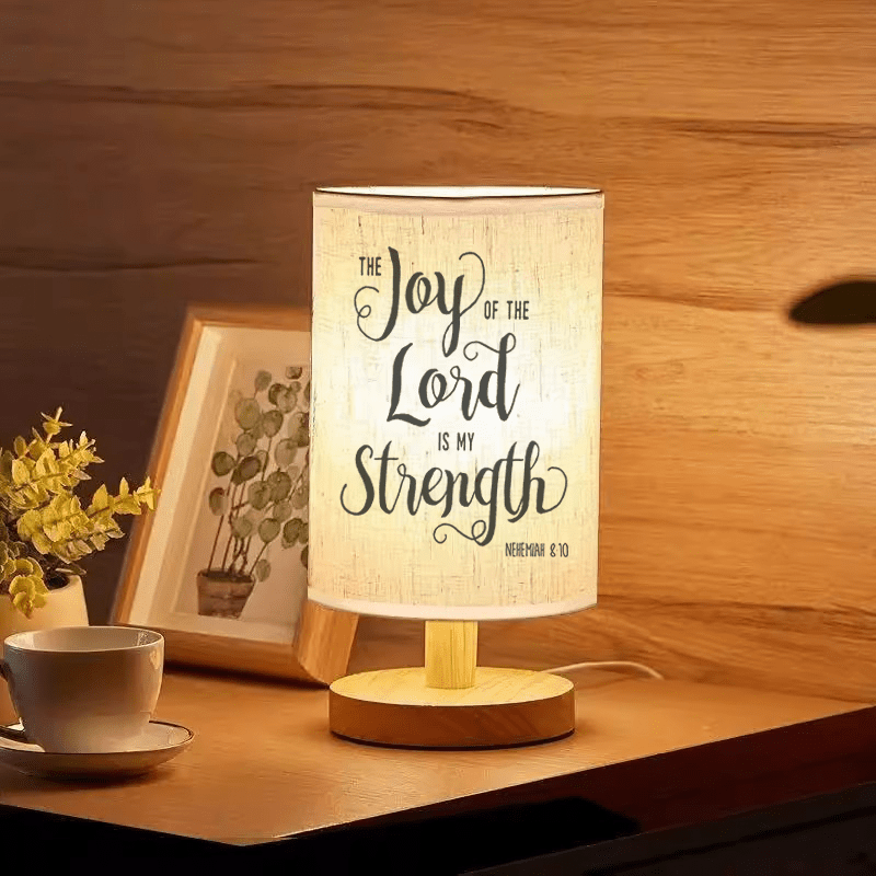 Christianartworkshop Natural Wood Base Fabric Lampshade The Joy of the Lord Is My Strength Scripture Table Lamp: A Carrier of Warm Nighttime Spiritual Peace - image 4