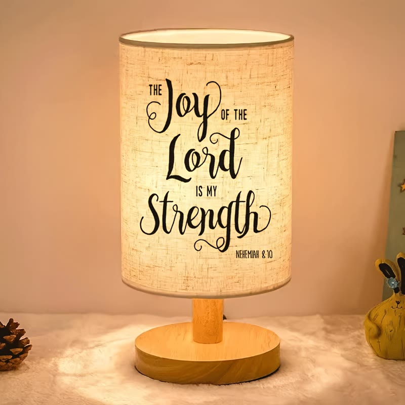 Christianartworkshop Natural Wood Base Fabric Lampshade The Joy of the Lord Is My Strength Scripture Table Lamp: A Carrier of Warm Nighttime Spiritual Peace - image 1