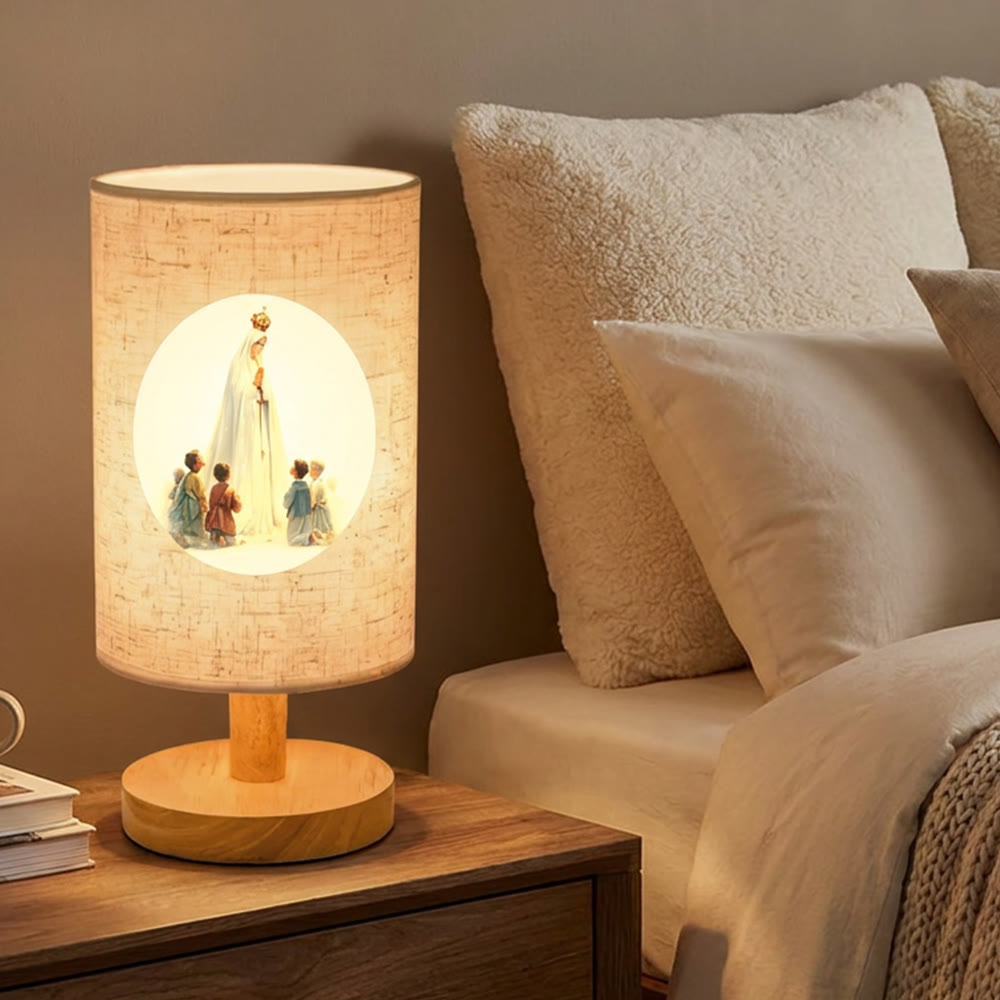 Christianartworkshop Natural Wood Base Fabric Lampshade Our Lady With Children Pattern Table Lamp: A Carrier of Gentle Nighttime Guardian Blessings - image 1