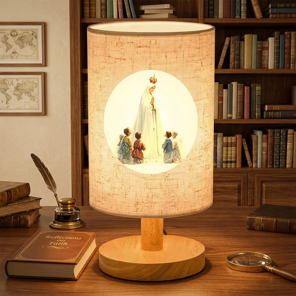 Christianartworkshop Natural Wood Base Fabric Lampshade Our Lady With Children Pattern Table Lamp: A Carrier of Gentle Nighttime Guardian Blessings - image 3