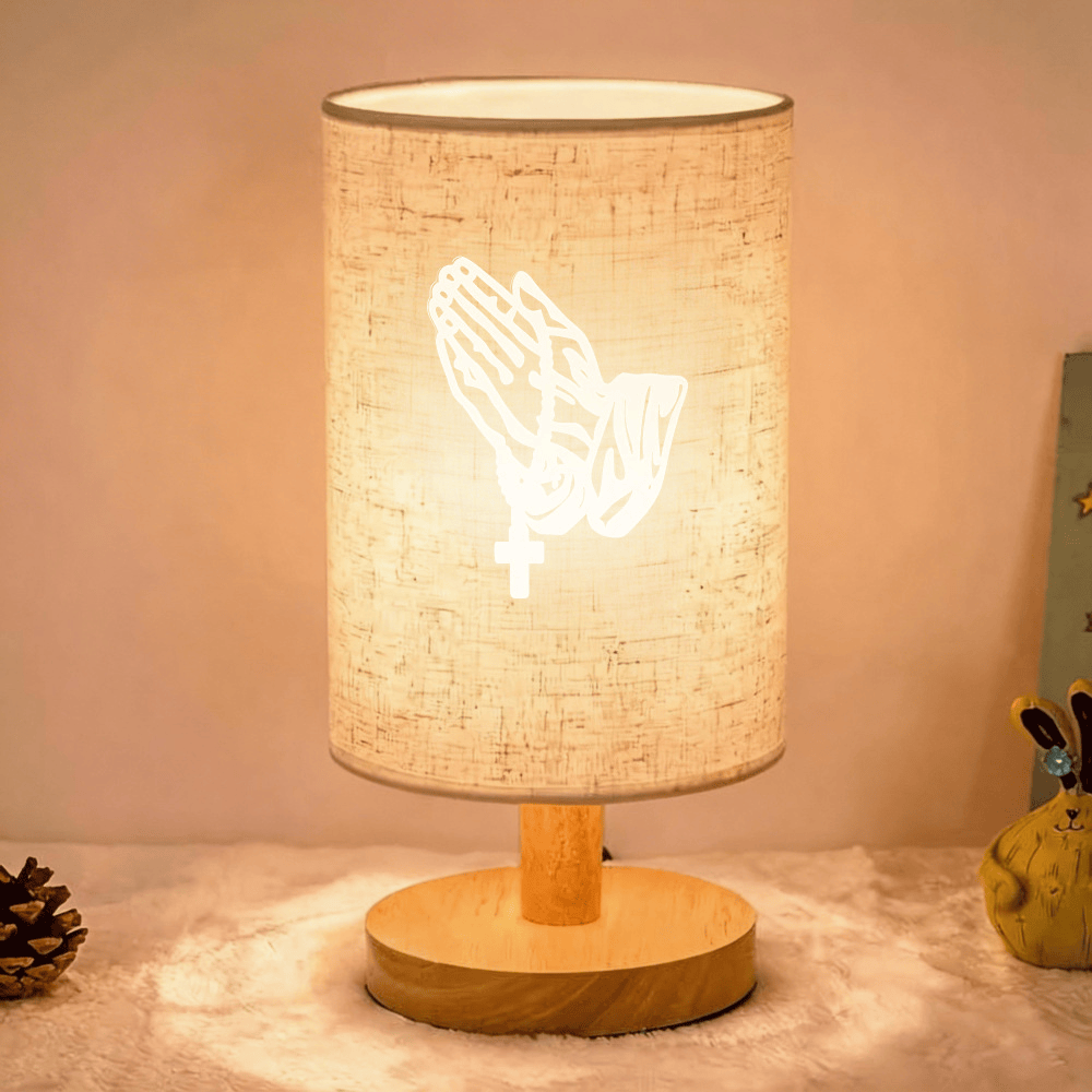 Christianartworkshop Natural Wood Base Fabric Lampshade Praying Hands With Cross Pattern Table Lamp: A Carrier of Quiet Nighttime Devotional Peace - Cross - image 0