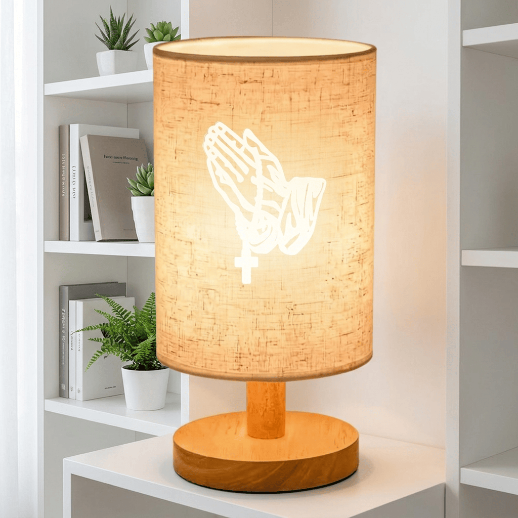 Christianartworkshop Natural Wood Base Fabric Lampshade Praying Hands With Cross Pattern Table Lamp: A Carrier of Quiet Nighttime Devotional Peace - image 2