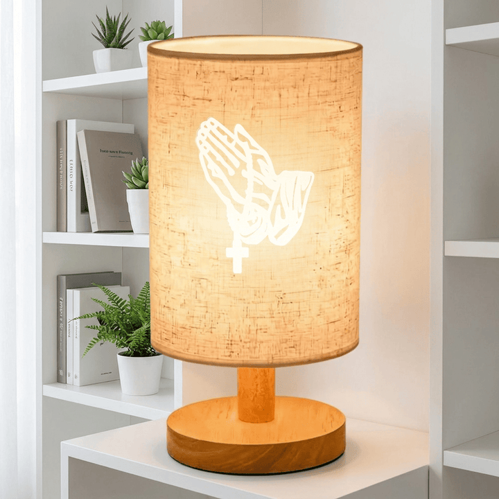 Christianartworkshop Natural Wood Base Fabric Lampshade Praying Hands With Cross Pattern Table Lamp: A Carrier of Quiet Nighttime Devotional Peace - image 2