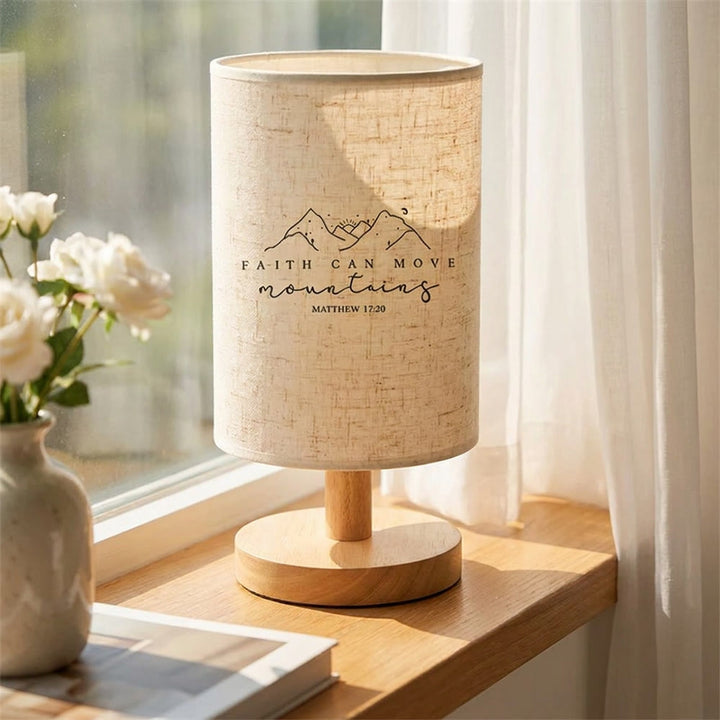 Christianartworkshop Natural Wood Base Fabric Lampshade Faith Can Move Mountains Mountain Line Art Scripture Table Lamp: A Carrier of Inspiring Hopeful Nighttime Peace - image 2