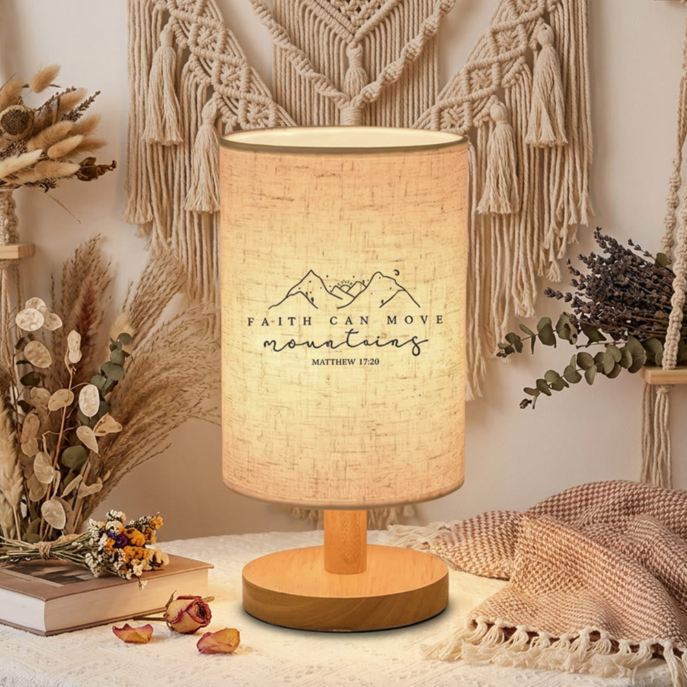 Christianartworkshop Natural Wood Base Fabric Lampshade Faith Can Move Mountains Mountain Line Art Scripture Table Lamp: A Carrier of Inspiring Hopeful Nighttime Peace - image 3