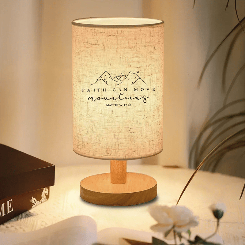 Christianartworkshop Natural Wood Base Fabric Lampshade Faith Can Move Mountains Mountain Line Art Scripture Table Lamp: A Carrier of Inspiring Hopeful Nighttime Peace - Matthew 17:20 - image 0