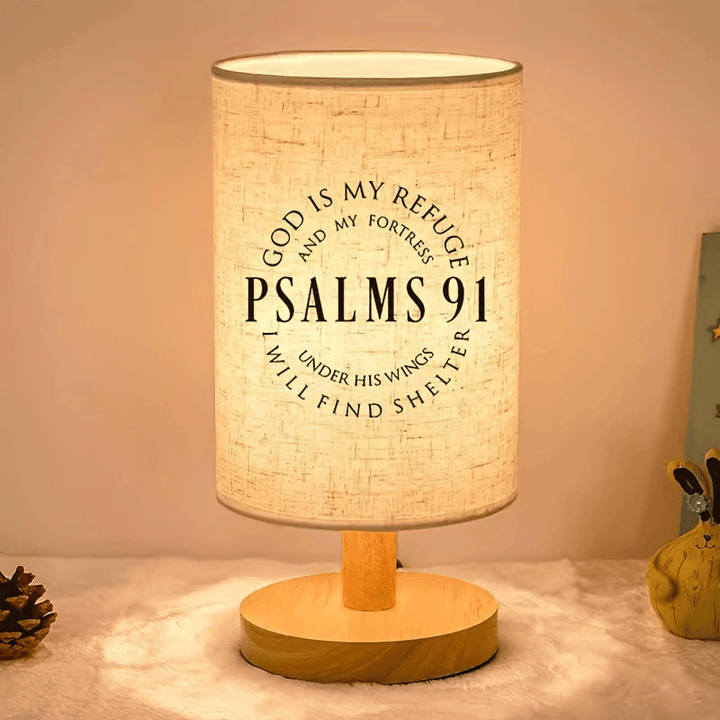 Christianartworkshop Natural Wood Base Fabric Lampshade Psalms 91 God Is My Refuge Circular Scripture Table Lamp: A Carrier of Safe Warm Nighttime Shelter Peace - Psalms 91 - image 0
