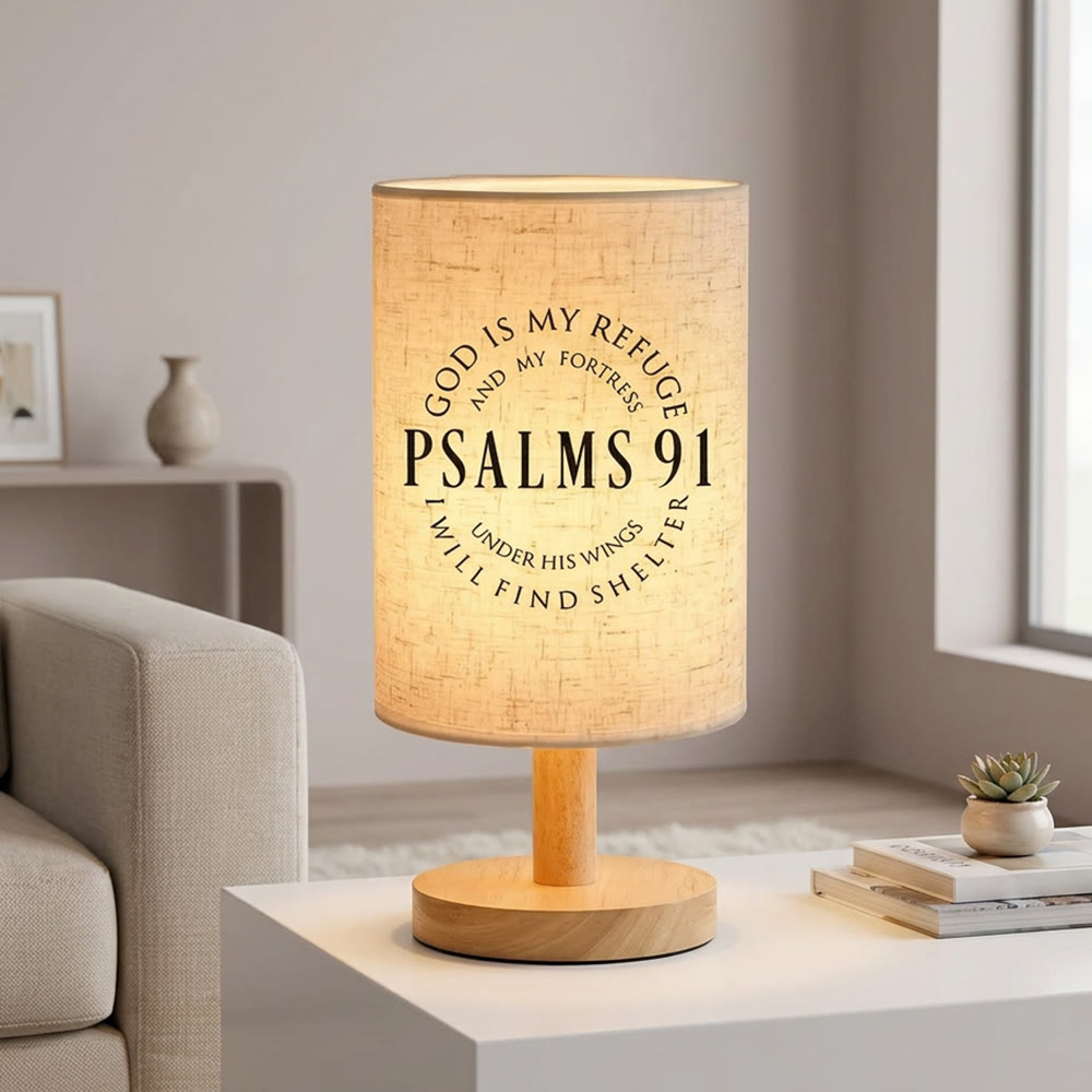 Christianartworkshop Natural Wood Base Fabric Lampshade Psalms 91 God Is My Refuge Circular Scripture Table Lamp: A Carrier of Safe Warm Nighttime Shelter Peace - image 3