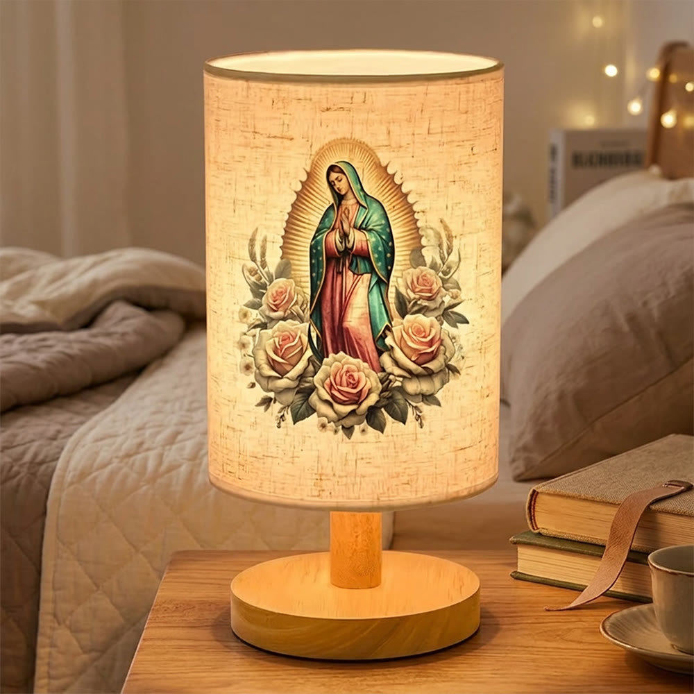 Christianartworkshop Natural Wood Base Fabric Lampshade Our Lady of Guadalupe Surrounded by Roses Portrait Table Lamp: A Carrier of Gentle Nighttime Guardian Blessings - image 1