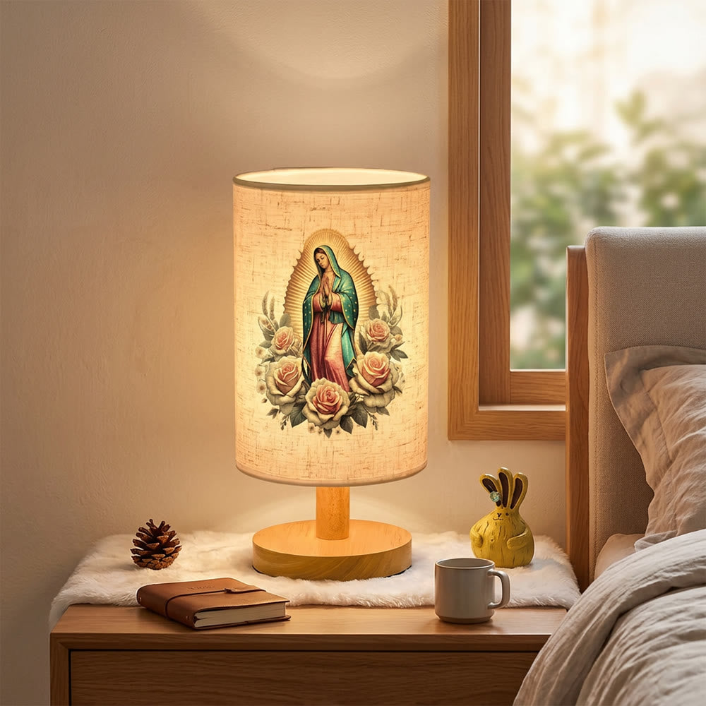 Christianartworkshop Natural Wood Base Fabric Lampshade Our Lady of Guadalupe Surrounded by Roses Portrait Table Lamp: A Carrier of Gentle Nighttime Guardian Blessings - image 2