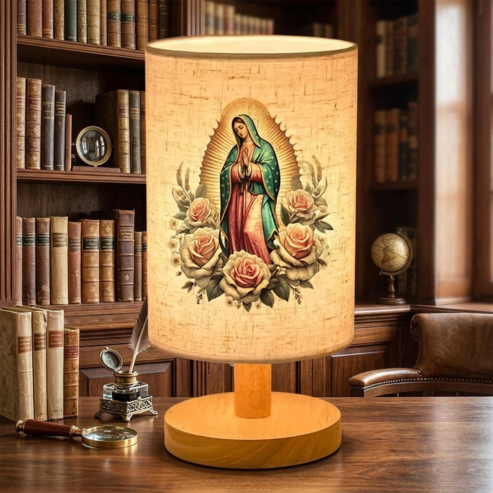 Christianartworkshop Natural Wood Base Fabric Lampshade Our Lady of Guadalupe Surrounded by Roses Portrait Table Lamp: A Carrier of Gentle Nighttime Guardian Blessings - image 4
