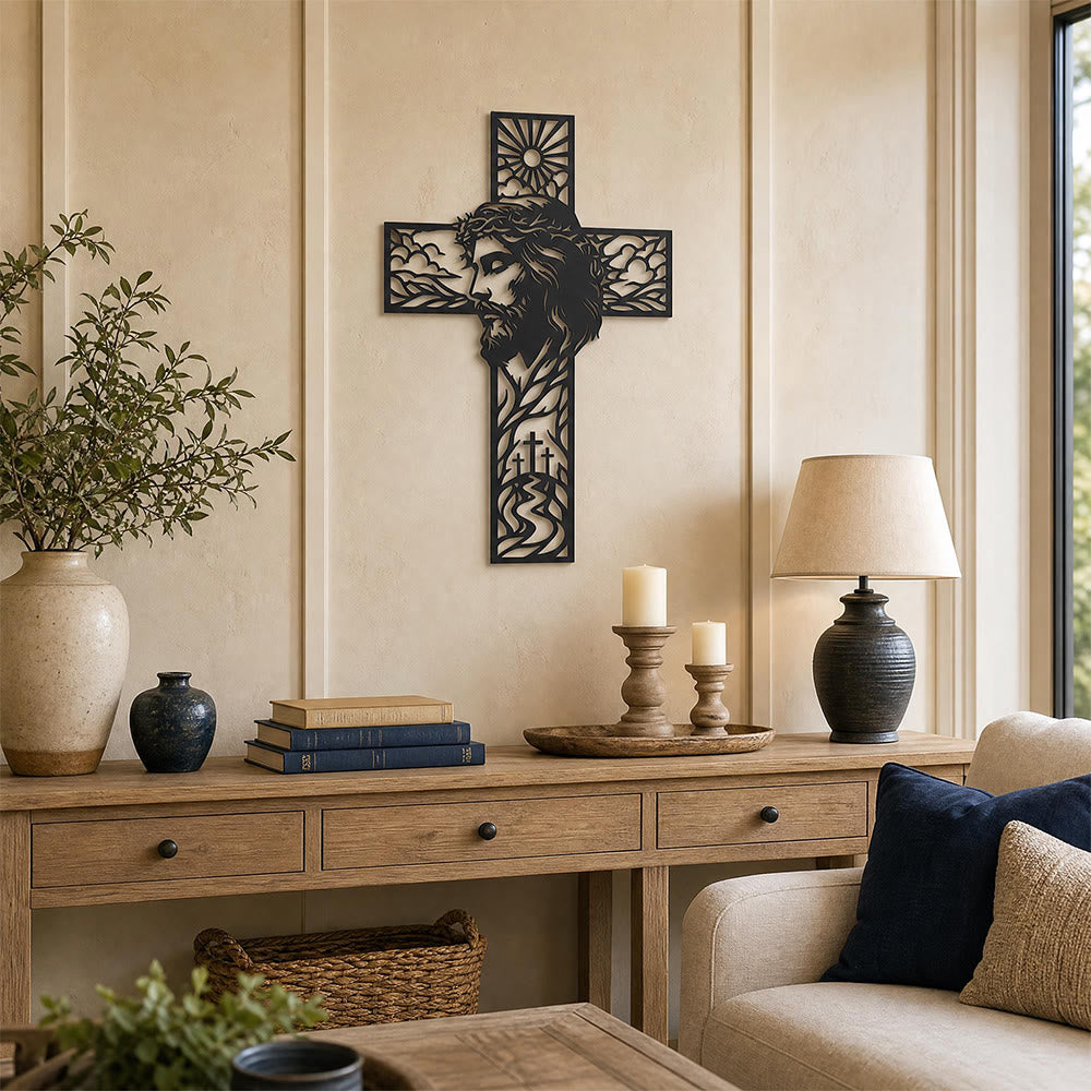 Christianartworkshop Sun & Hill Landscape Jesus Profile Cross Metal Wall Decor: Timeless Emblem of Heavenly Grace and Eternal Hope - image 5