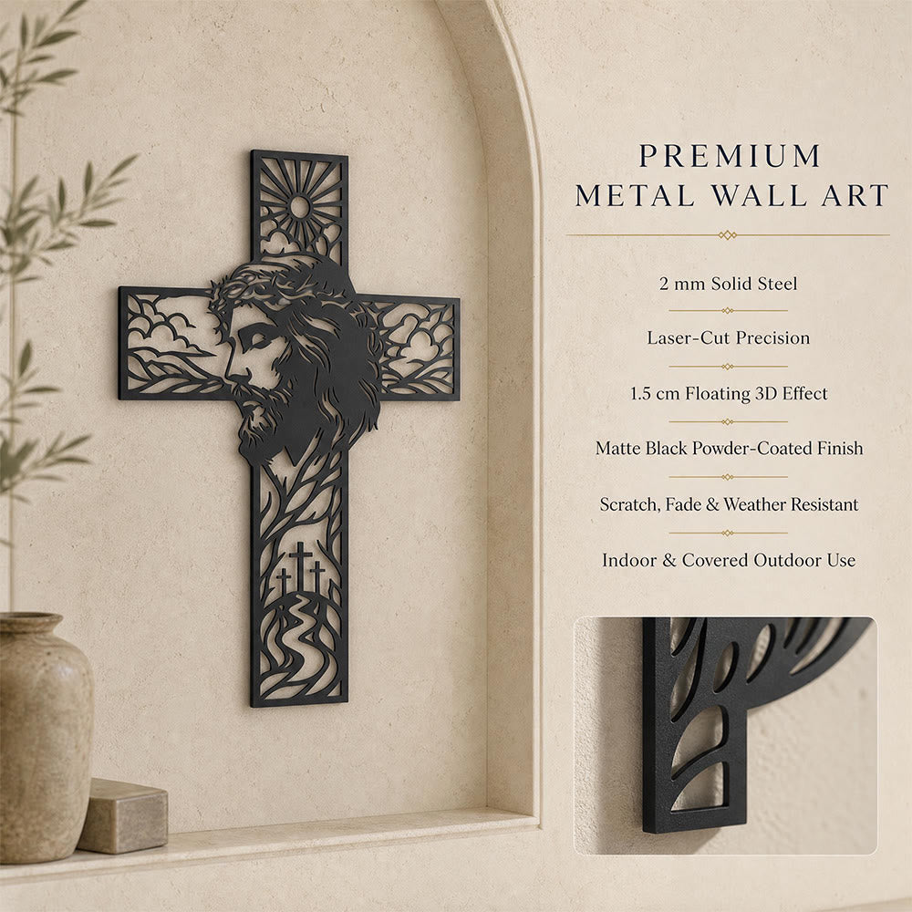 Christianartworkshop Sun & Hill Landscape Jesus Profile Cross Metal Wall Decor: Timeless Emblem of Heavenly Grace and Eternal Hope - image 1