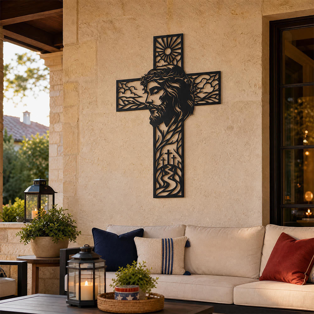 Christianartworkshop Sun & Hill Landscape Jesus Profile Cross Metal Wall Decor: Timeless Emblem of Heavenly Grace and Eternal Hope - image 3