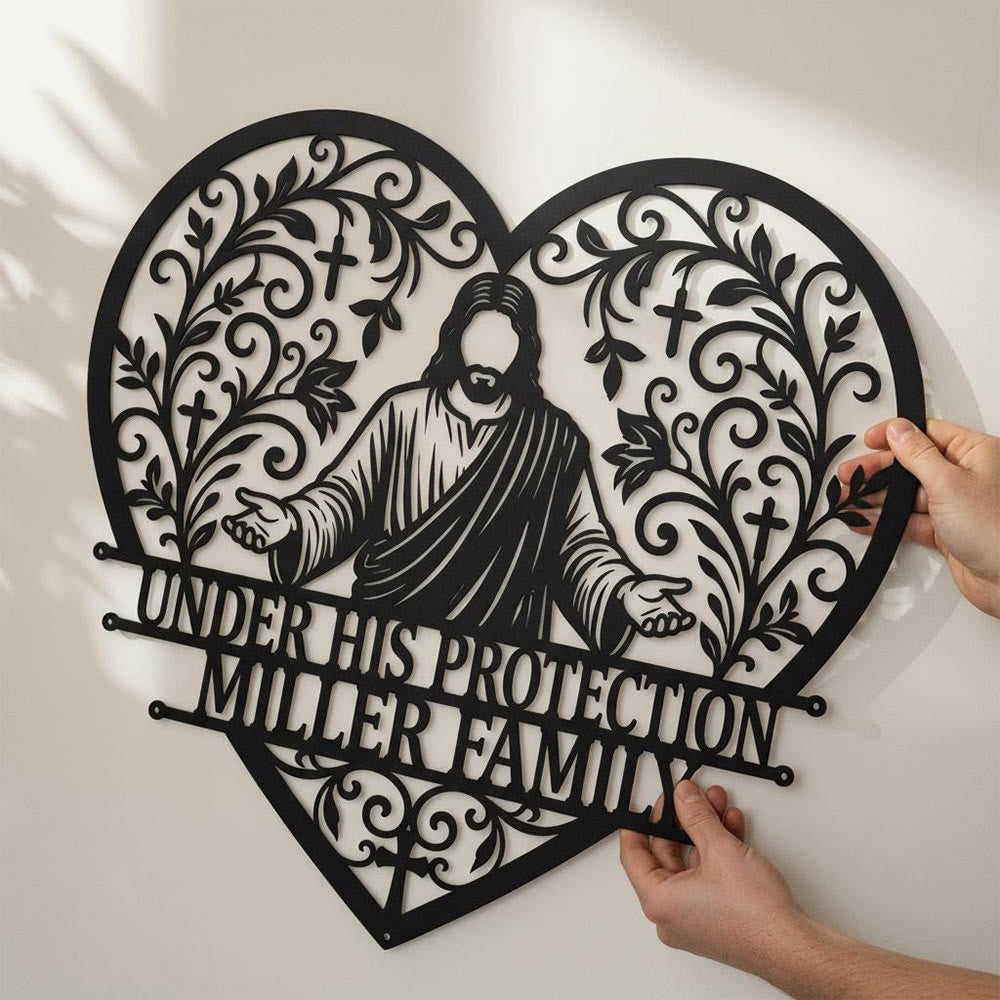 Christianartworkshop Floral Vine Heart Open-Arm Jesus Cross Metal Wall Decor: Timeless Emblem of Sacred Family Shelter - image 0