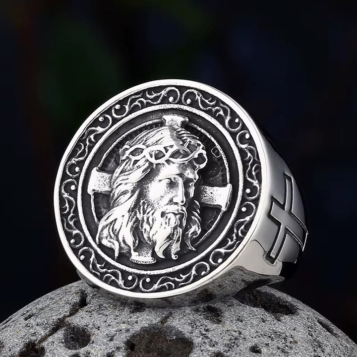Christianartworkshop Round Plaque Crown of Thorns Jesus Scroll Border Signet Ring: Timeless Emblem of Unshakable Sacred Faith - Silver - US 13 - image 0