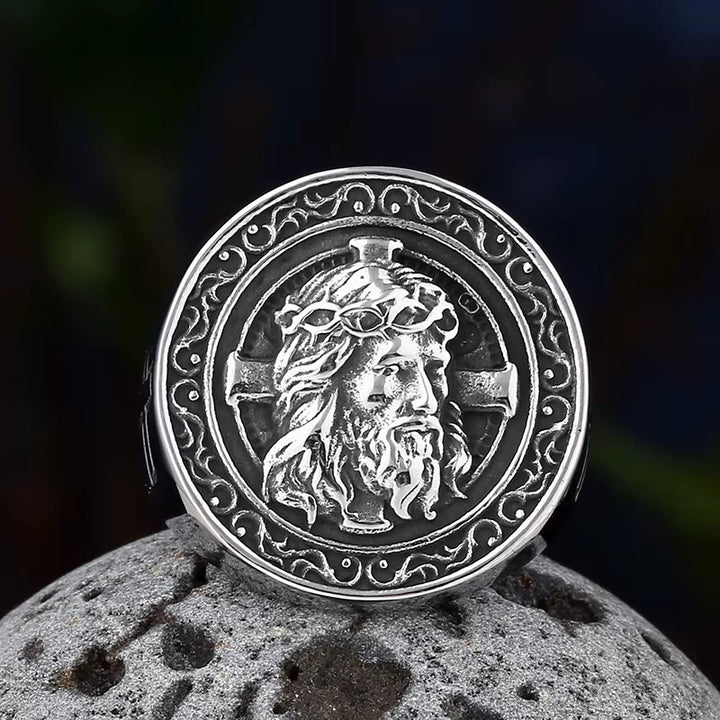 Christianartworkshop Round Plaque Crown of Thorns Jesus Scroll Border Signet Ring: Timeless Emblem of Unshakable Sacred Faith - image 2