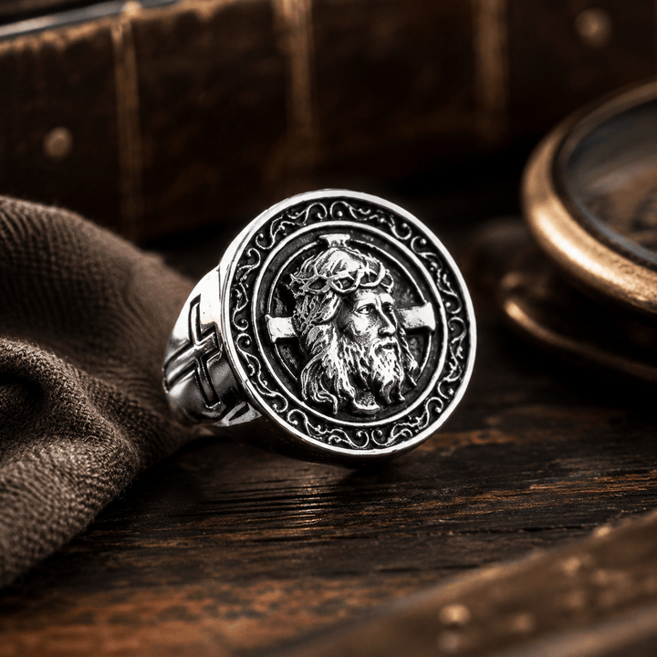 Christianartworkshop Round Plaque Crown of Thorns Jesus Scroll Border Signet Ring: Timeless Emblem of Unshakable Sacred Faith - image 4
