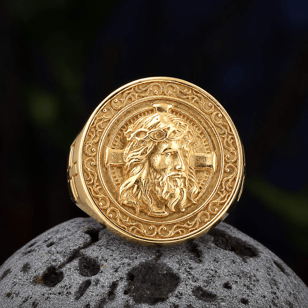 Christianartworkshop Round Plaque Crown of Thorns Jesus Scroll Border Signet Ring: Timeless Emblem of Unshakable Sacred Faith - Golden - US 13 - image 9