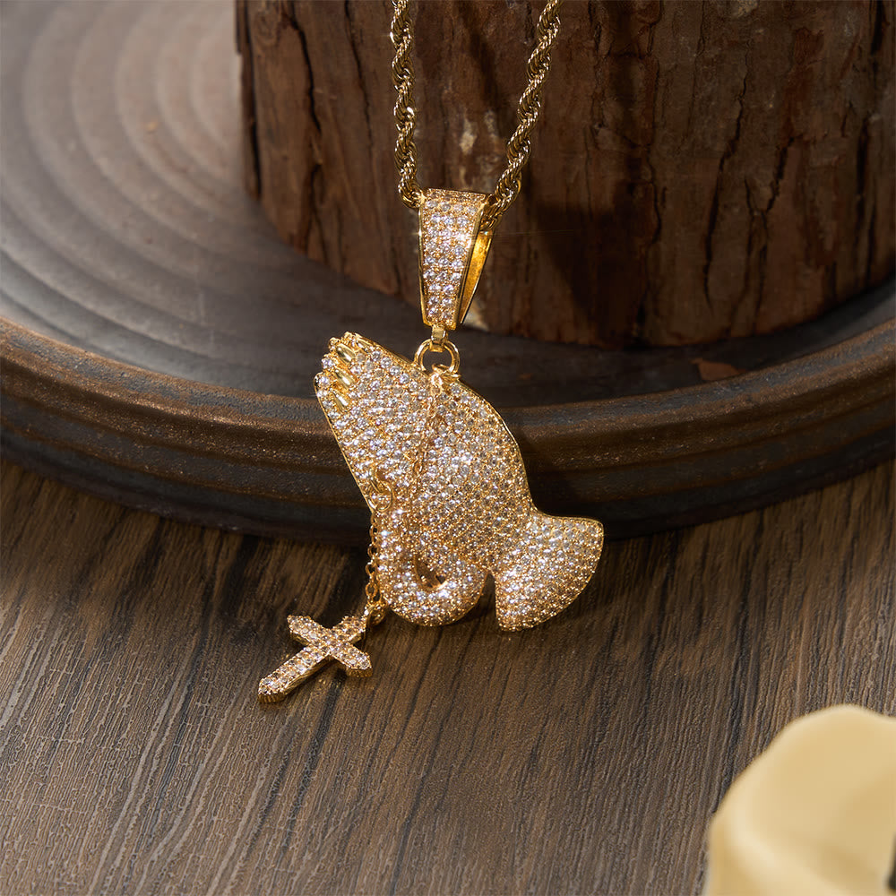 Christianartworkshop Full Pave Praying Hands Pendant With Hanging Cross Necklace: Timeless Emblem of Sincere Devout Prayer - Golden - image 1