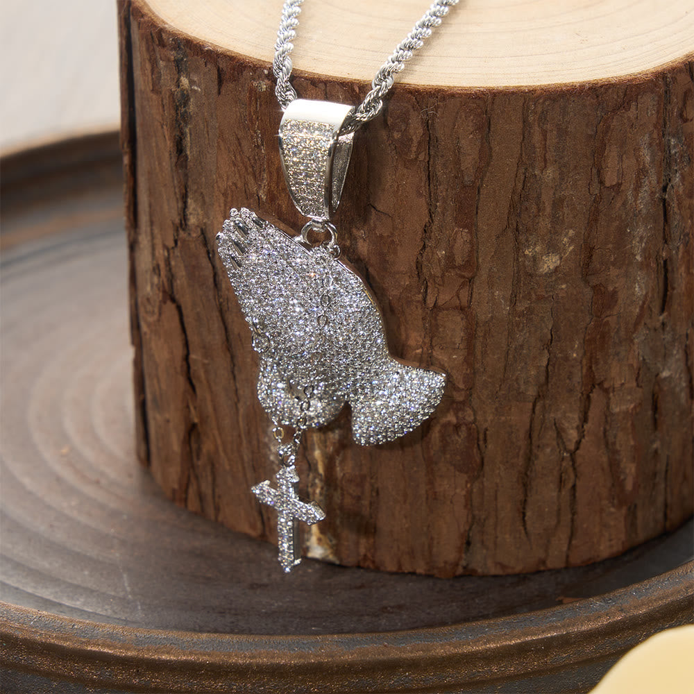 Christianartworkshop Full Pave Praying Hands Pendant With Hanging Cross Necklace: Timeless Emblem of Sincere Devout Prayer - image 4