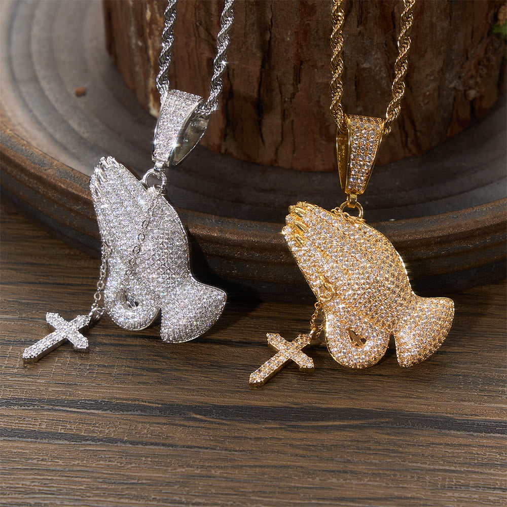 Christianartworkshop Full Pave Praying Hands Pendant With Hanging Cross Necklace: Timeless Emblem of Sincere Devout Prayer - image 0