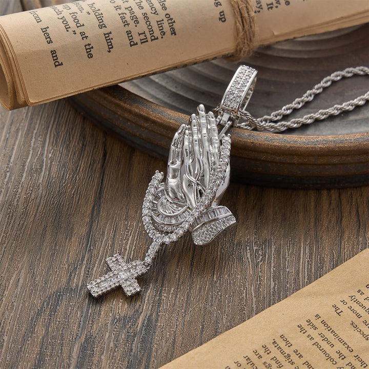 Christianartworkshop Praying Hand Stone Wreath Cross Necklace: Timeless Emblem of Abiding Divine Peace - Silver - image 3
