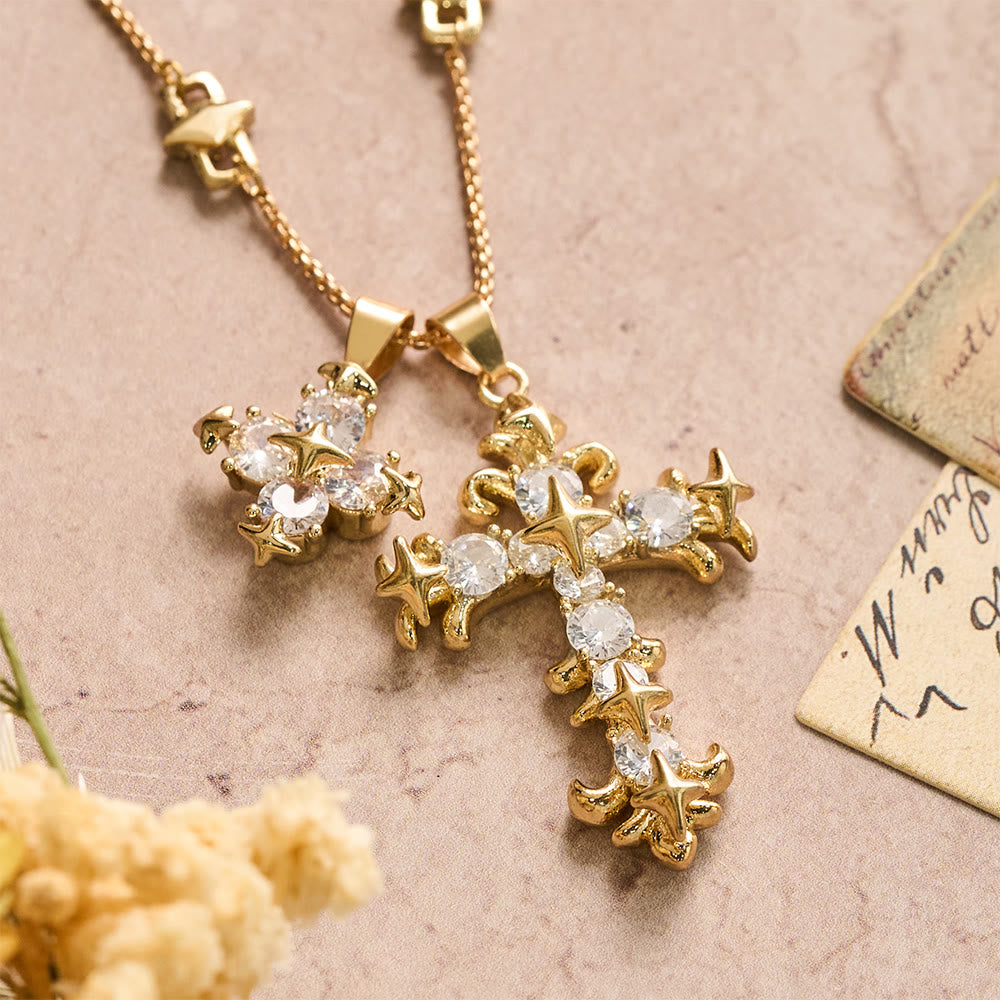 Christianartworkshop Star Accent Stone Inlaid Double Cross Layered Necklace: Timeless Emblem of Sincere Devout Prayer - Golden - image 0