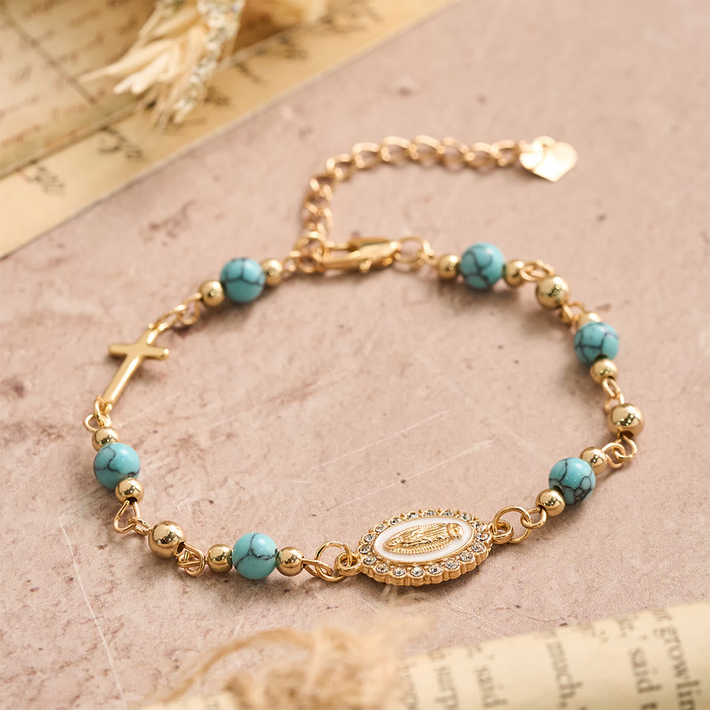 Christianartworkshop Our Lady Oval Plaque Cross Natural Stone Adjustable Bracelet: Personalized Emblem of Steadfast Heavenly Faith - image 4