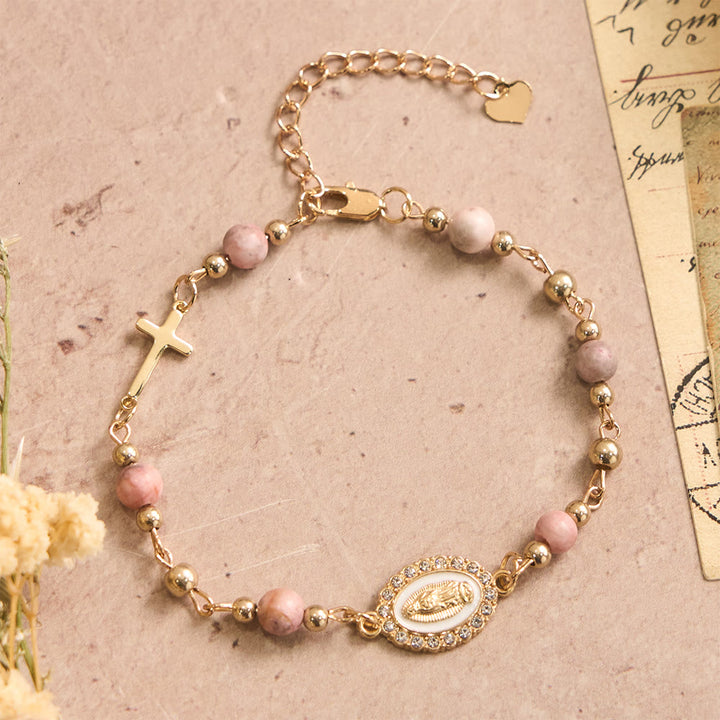 Christianartworkshop Our Lady Oval Plaque Cross Natural Stone Adjustable Bracelet: Personalized Emblem of Steadfast Heavenly Faith - Our Lady&Pink Zebra Jasper - image 7