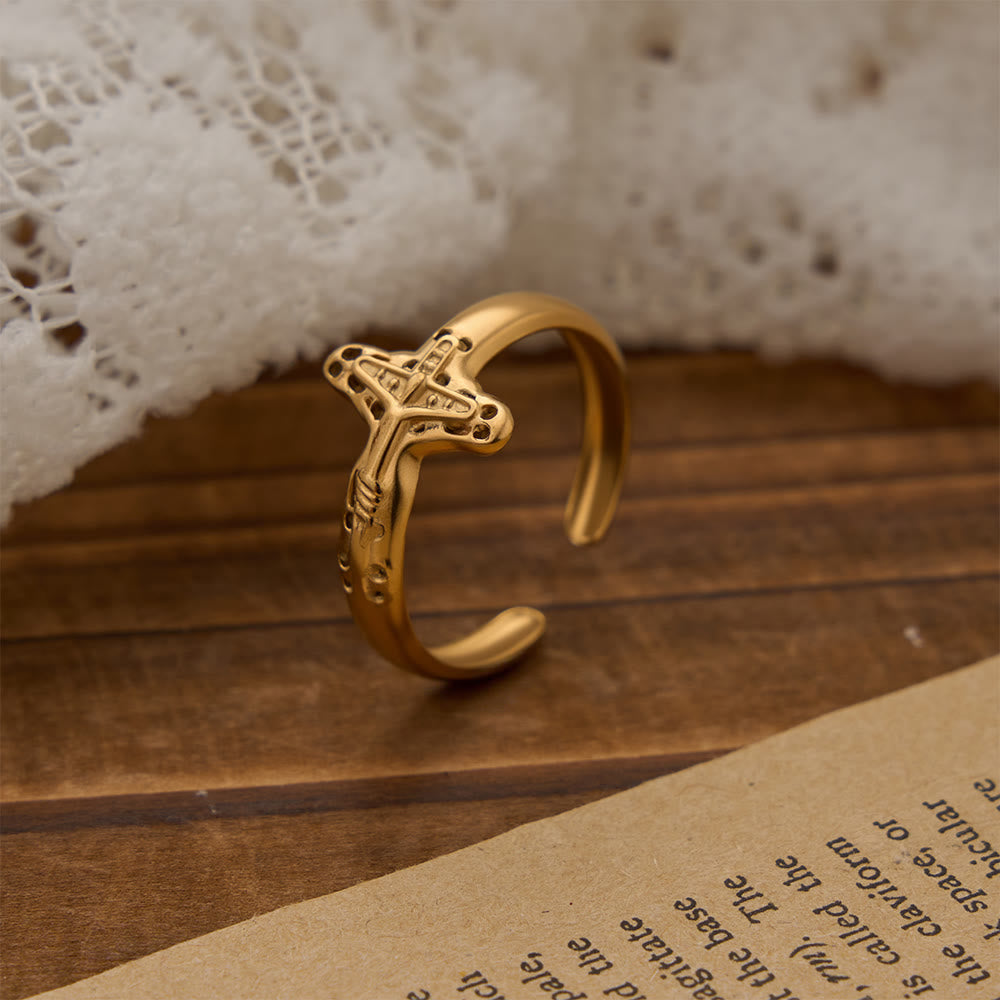 Christianartworkshop Hollow Outline Crucifix Adjustable Open Ring: Personalized Emblem of Steadfast Heavenly Faith - image 3
