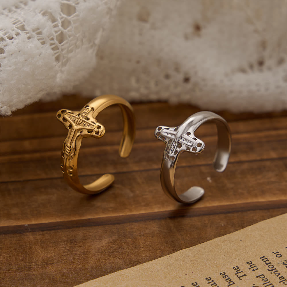 Christianartworkshop Hollow Outline Crucifix Adjustable Open Ring: Personalized Emblem of Steadfast Heavenly Faith - image 1