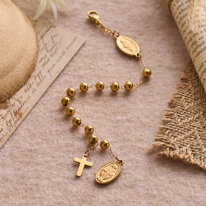 Christianartworkshop Smooth Round Bead Virgin Mary Medal Dangle Cross Extension Bracelet: Personalized Emblem of Steadfast Heavenly Faith - image 3