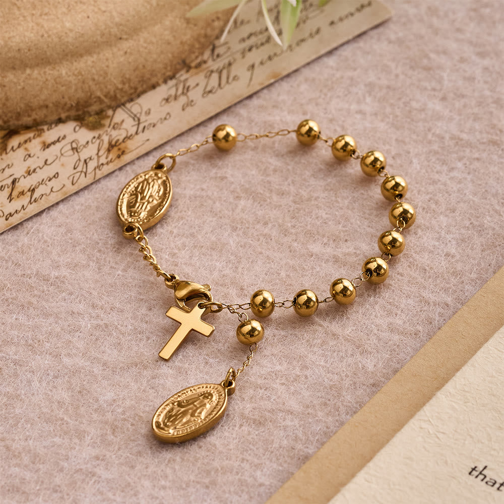Christianartworkshop Smooth Round Bead Virgin Mary Medal Dangle Cross Extension Bracelet: Personalized Emblem of Steadfast Heavenly Faith - image 2