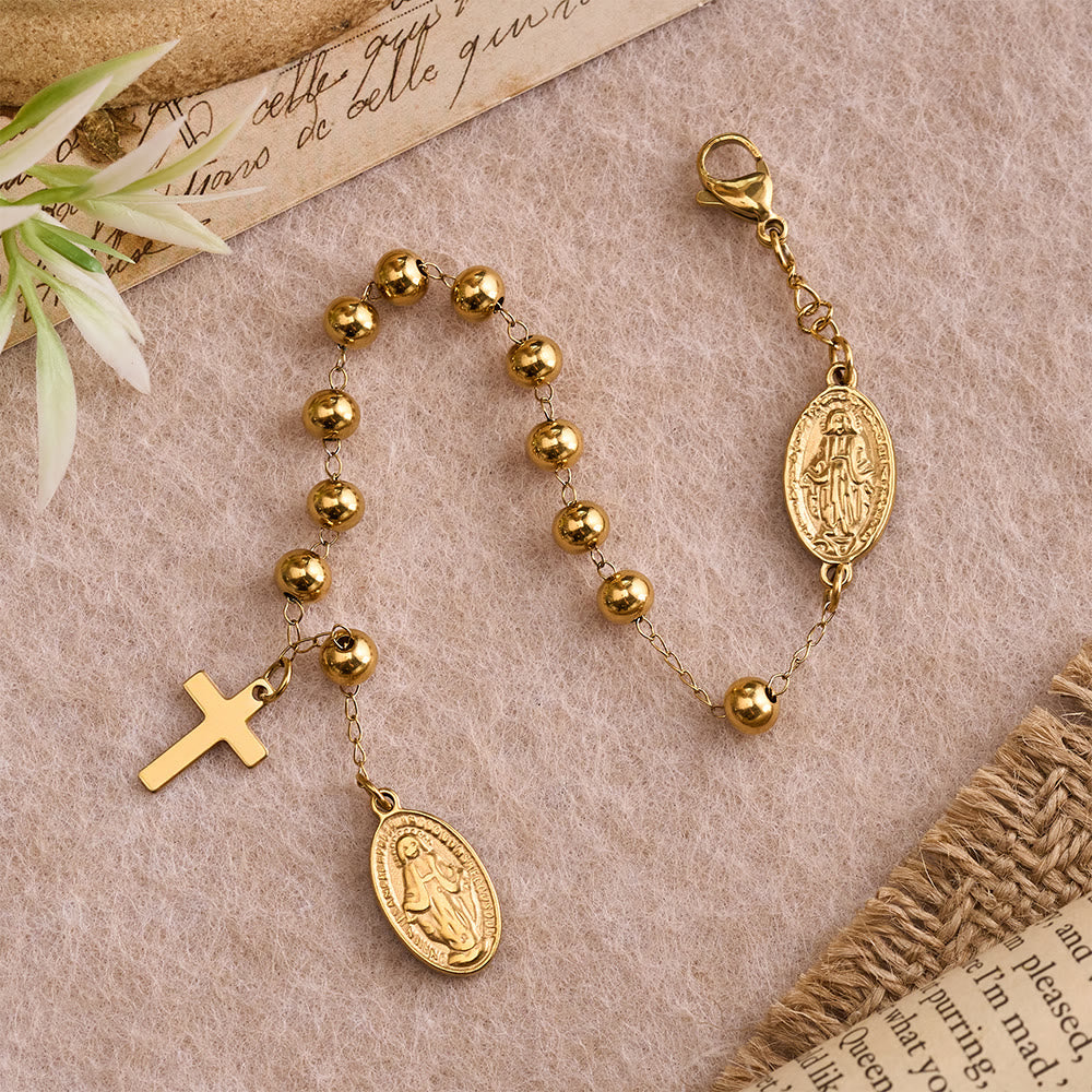 Christianartworkshop Smooth Round Bead Virgin Mary Medal Dangle Cross Extension Bracelet: Personalized Emblem of Steadfast Heavenly Faith - image 1