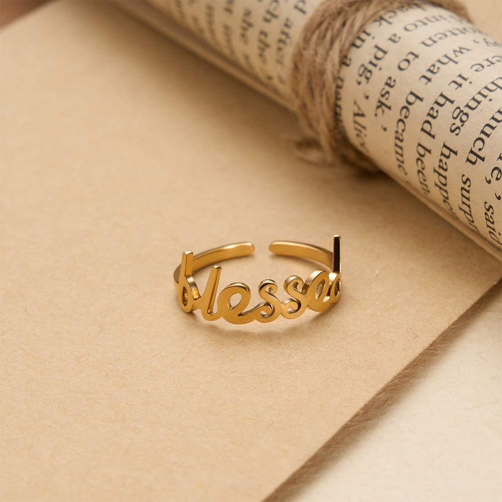 Christianartworkshop Cursive Blessed Word Open Adjustable Ring: Personalized Emblem of Steadfast Heavenly Faith - image 3