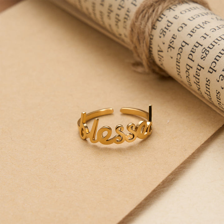 Christianartworkshop Cursive Blessed Word Open Adjustable Ring: Personalized Emblem of Steadfast Heavenly Faith - image 3
