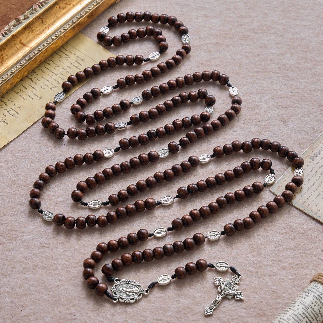 Christianartworkshop 5/15/20 Decade Polished Natural Wood Bead Floral Frame Our Lady & Carved Crucifix Rosary - image 2