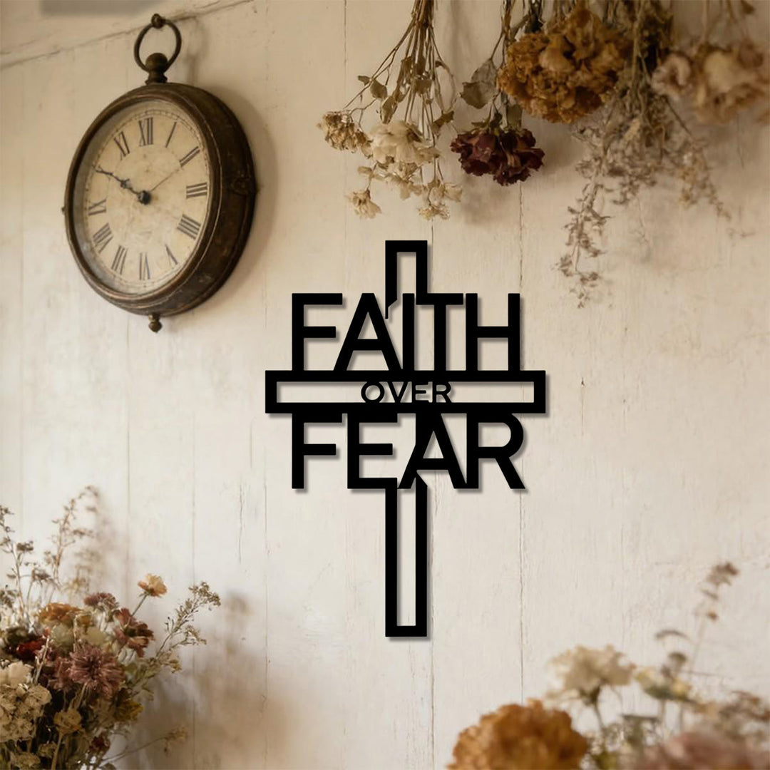Christianartworkshop Faith Over Fear Hollow Letter Cross Metal Wall Decor: Timeless Emblem of Sacred Redemptive Grace - image 2