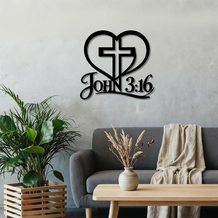 Christianartworkshop Heart Outline Cross John 3:16 Script Metal Wall Decor: Timeless Emblem of Sacred Redemptive Grace - image 0